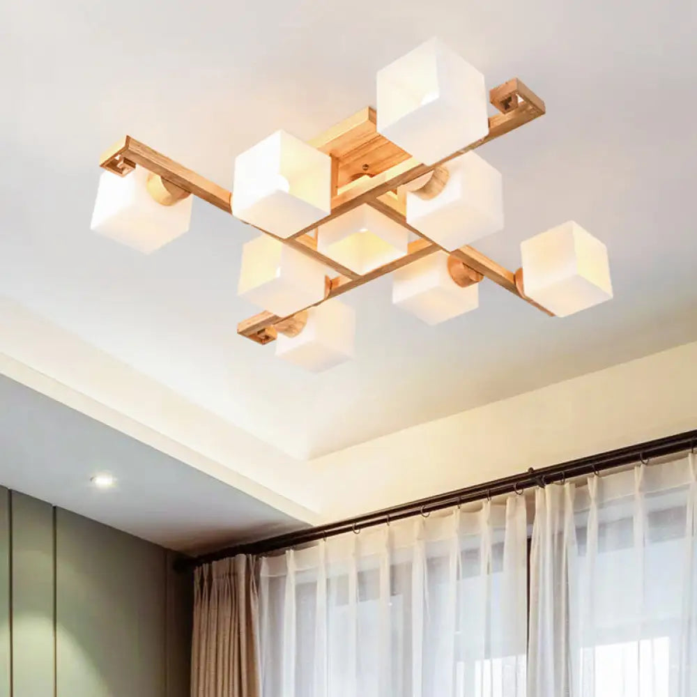 DecorBites™ DecorBites™ Nordic White Glass Cube Semi Flush Mount Ceiling Light with Wooden Canopy