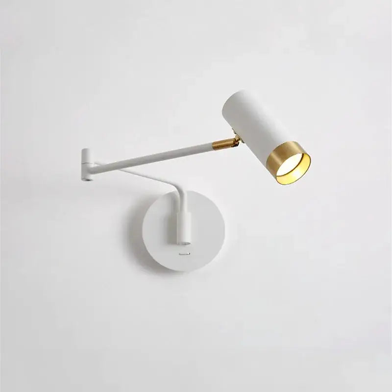 White wall light with gold accent and adjustable led swing arm by decorbites for bedroom sconce decor