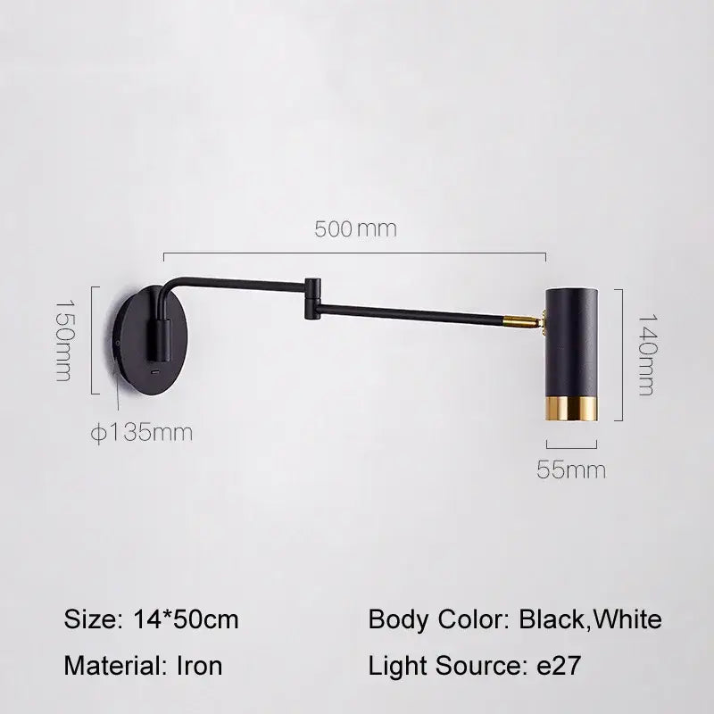 Black and white iron Nordic wall light with gold accents and decorbites adjustable led swing arm for bedroom decor