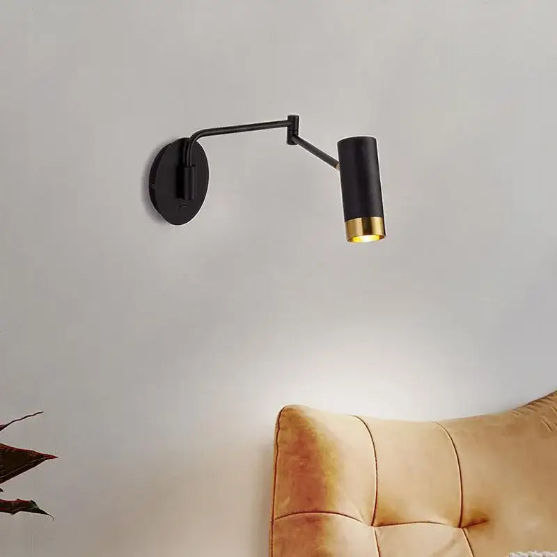 Black and gold decorbites adjustable led wall light with cylindrical shade and swing arm for bedroom decor