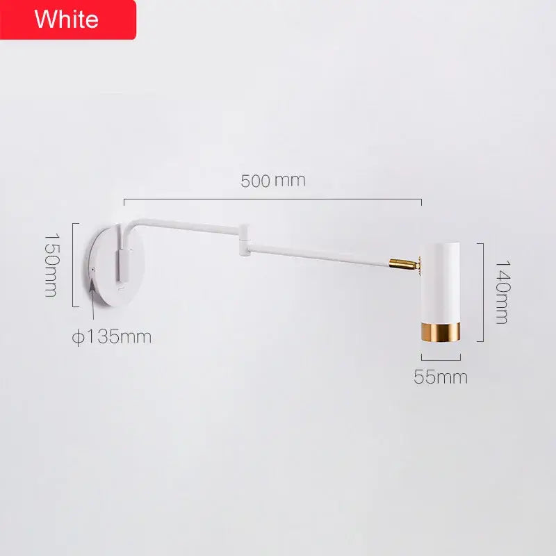 Nordic white and gold adjustable led swing arm wall light with cylindrical shade and gold trim for bedroom decorbites wall light