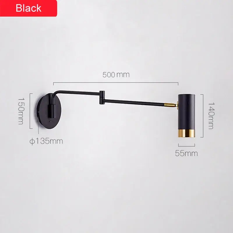 Black wall light with gold-accented cylindrical shade and decorbites adjustable led swing arm for bedroom sconce decor