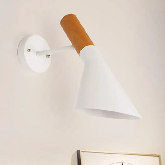 Nordic white monochrome wall light single with wooden handle and conical shade for bedroom mounted on wall