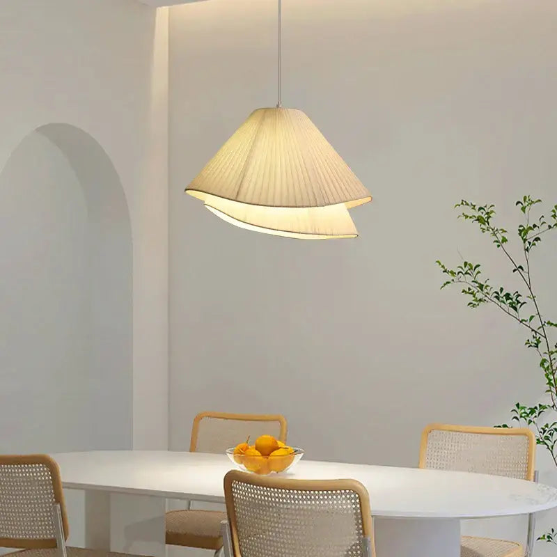 Beige pleated cream fabric led pendant chandelier with modern layered design for bedroom decorbites cream fabric lighting
