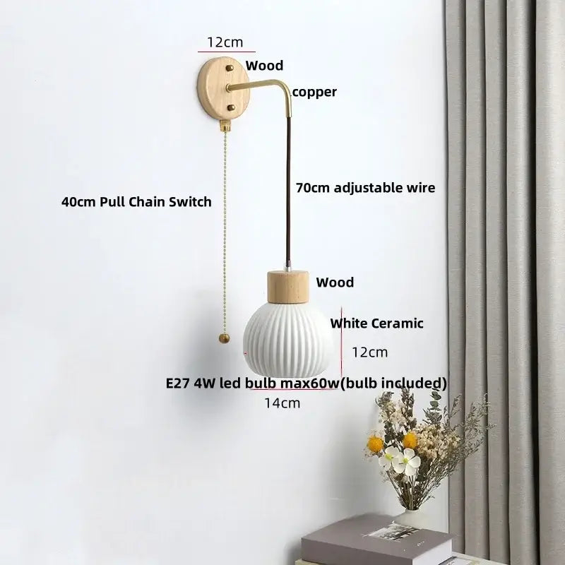 Nordic white ribbed ceramic wood wall sconce with white ceramic globe wooden accents and copper wiring for bedroom decorbites ceramic wood wall