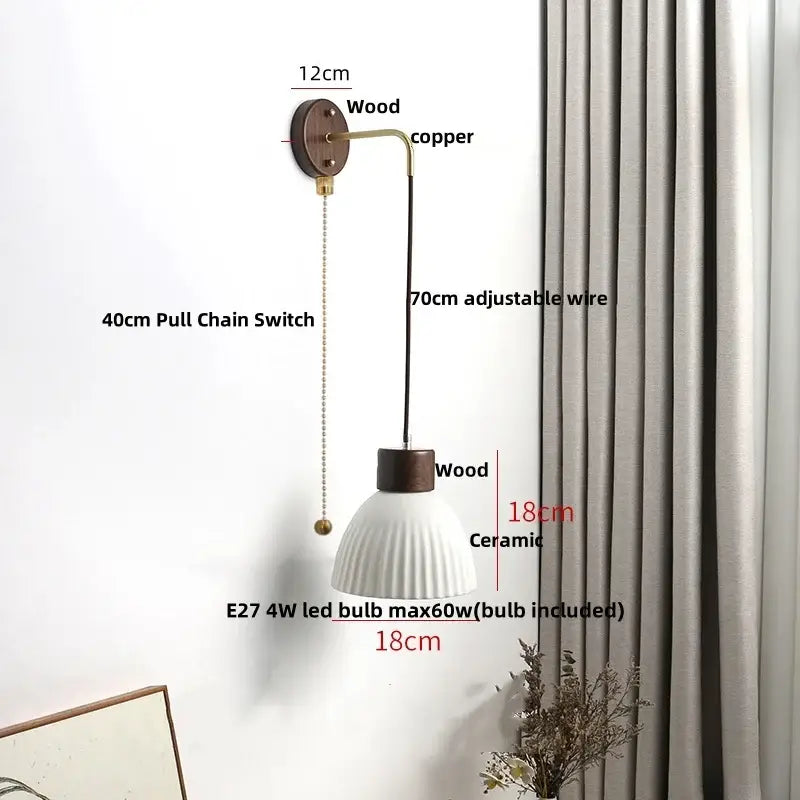 Nordic white ribbed ceramic wood wall sconce with fluted design wooden accents and copper hardware for bedroom decorbites ceramic wood wall