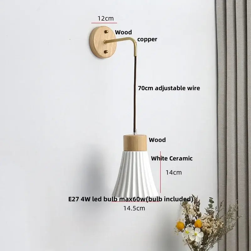 Nordic white ribbed ceramic wood wall sconce with wooden base and copper arm for bedroom decorbites ceramic wood wall lighting