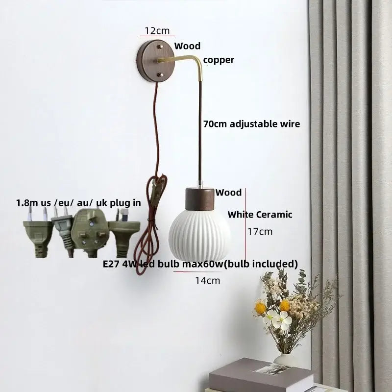 Nordic white ribbed ceramic wood wall sconce with copper accents for bedroom lighting by decorbites ceramic wood wall