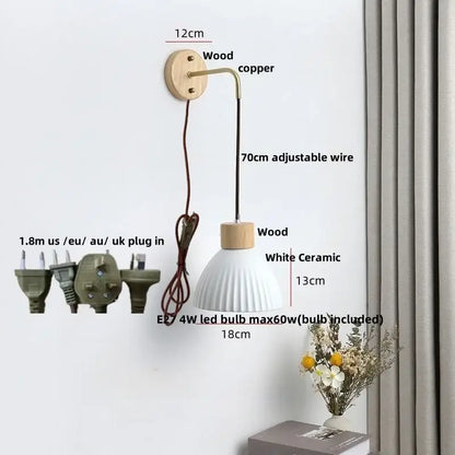 Minimalist nordic white ribbed ceramic wood wall sconce with fluted shade and pull chain for bedroom decorbites ceramic wood wall