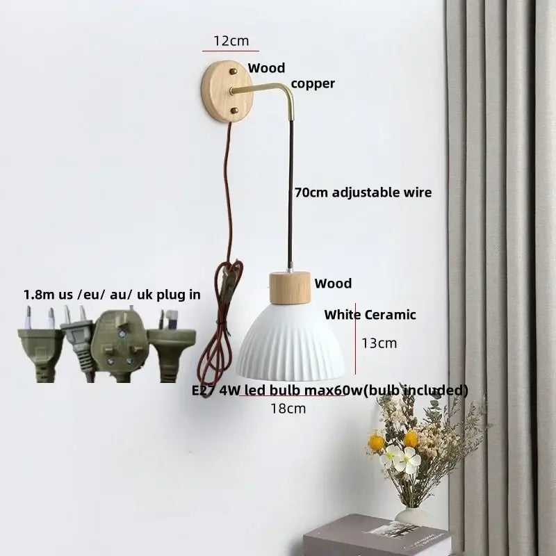 Minimalist nordic white ribbed ceramic wood wall sconce with fluted shade and pull chain for bedroom decorbites ceramic wood wall