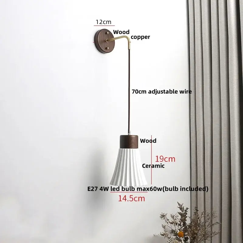 Minimalist nordic white ribbed ceramic wood wall sconce with dark wood copper bracket and adjustable 70cm wire decorbites ceramic wood