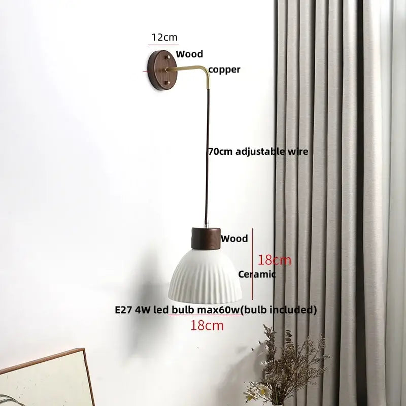 Minimalist nordic white ribbed ceramic wood wall sconce with fluted shade and adjustable copper arm for bedroom decorbites ceramic wood wall