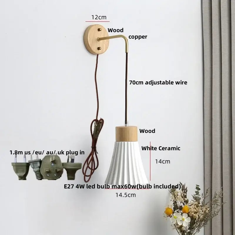 Nordic white ribbed ceramic wood wall sconce with natural wood base copper arm and white ceramic shade decorbites ceramic wood