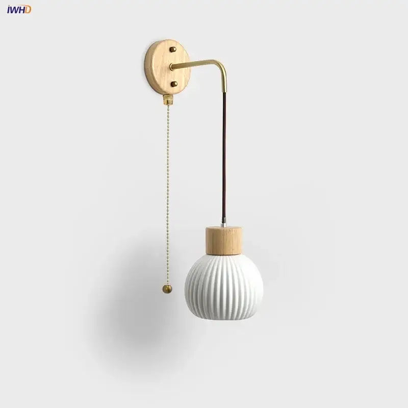 Nordic white ribbed ceramic wood wall sconce with brass accents and pull chain for bedroom decorbites ceramic wood wall lighting