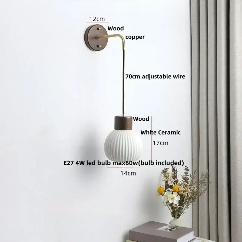 Nordic white ribbed ceramic wood wall sconce with globe, copper accents, and pull chain light for bedroom decorbites ceramic wood wall
