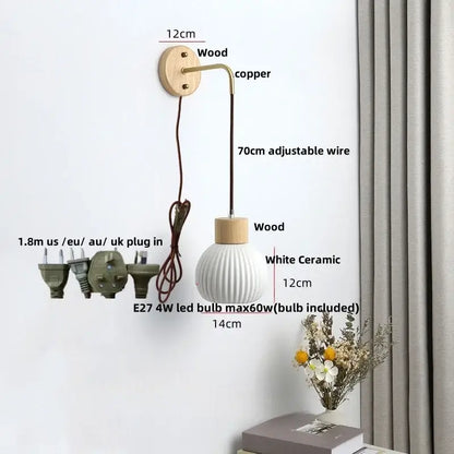 Nordic white ribbed ceramic wood wall sconce with wooden accents and copper wire for bedroom decorbites ceramic wood wall lighting