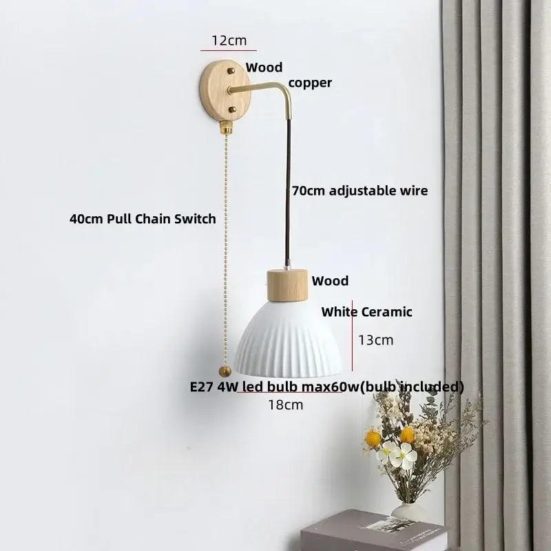 Nordic white ribbed ceramic wood wall sconce with pull chain light featuring decorbites ceramic wood and copper hardware