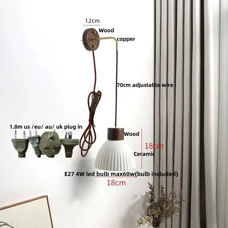 Nordic white ribbed ceramic wood wall sconce with fluted design wooden accents and adjustable copper wire arm decorbites ceramic wood wall