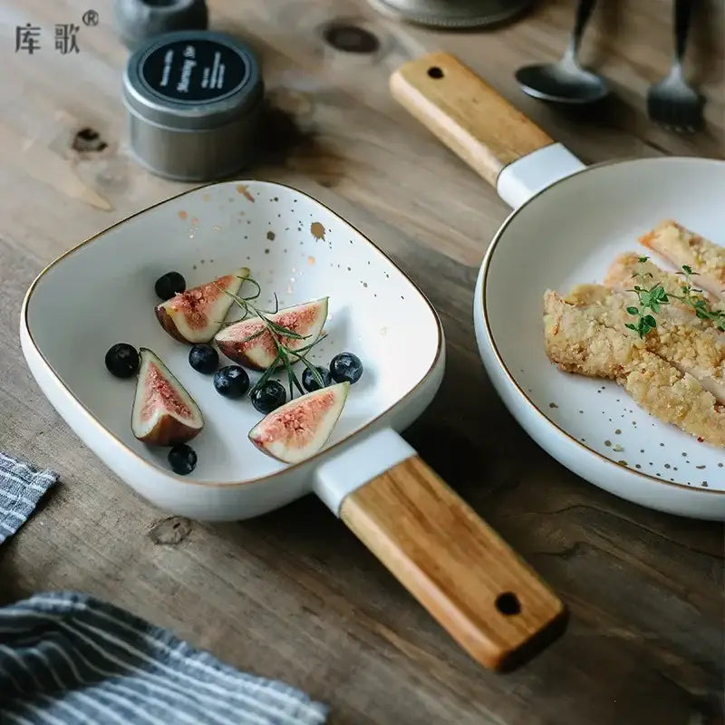Nordic white speckled ceramic wood handle bowl with gold rim and decorbites ceramic wood handle for dining tableware