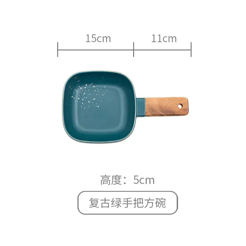 Teal green speckled ceramic square bowl with wood handle from decorbites ceramic wood handle collection for dining use