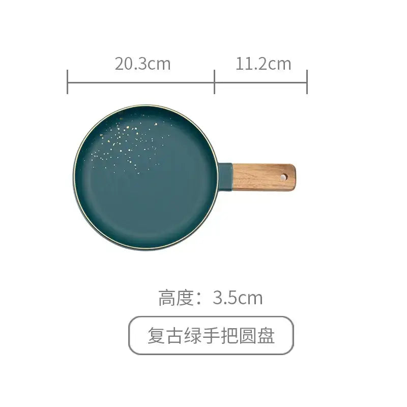 Teal green nordic white speckled ceramic wood handle round plate ideal for dining room tableware decorbites ceramic wood handle
