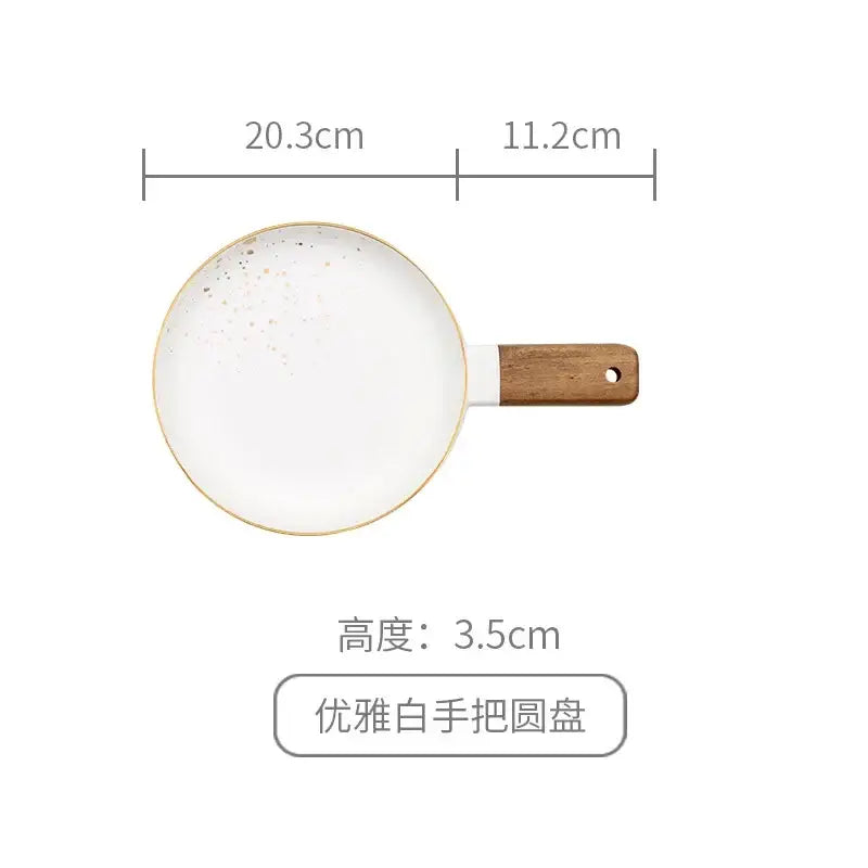 A nordic white speckled ceramic wood handle bowl with gold rim ideal for dining room tableware and decorbites ceramic wood