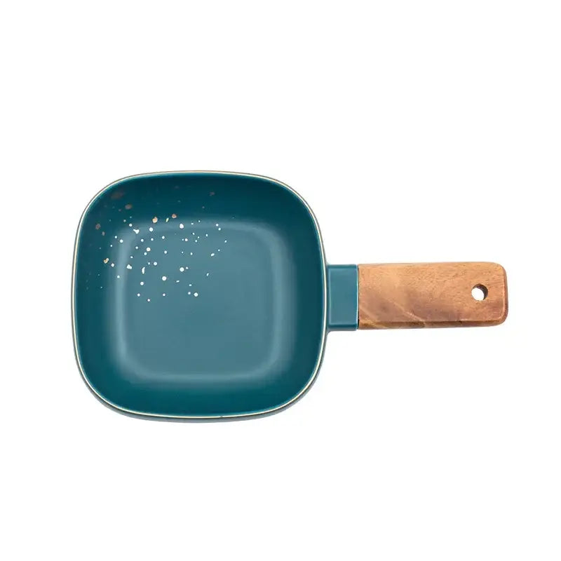 Teal speckled square skillet with ceramic wood handle from decorbites ceramic wood dining tableware collection
