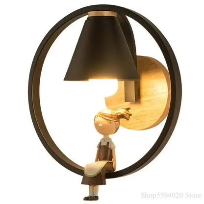 Black conical birdie wall lamp with wooden backplate and ceramic figurine for nordic bedroom lighting