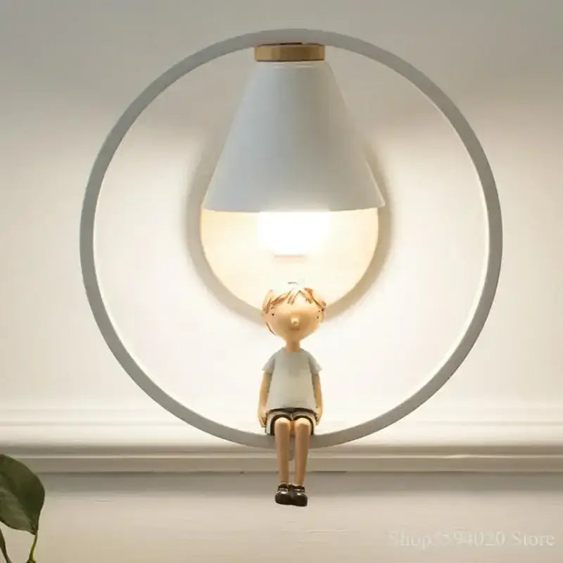 White conical lampshade birdie wall lamp with wooden base and minimalist ring frame for bedroom lighting