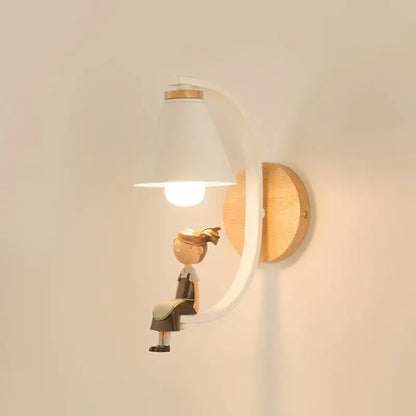 White and natural wood nordic birdie wall lamp with ceramic girl figurine and curved arm for bedroom light