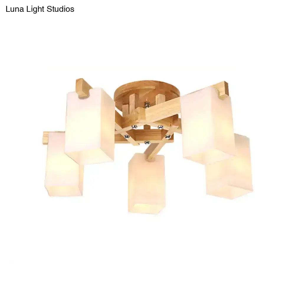 Modern wooden ceiling lamp with cuboid cream glass shades designed for living room illumination