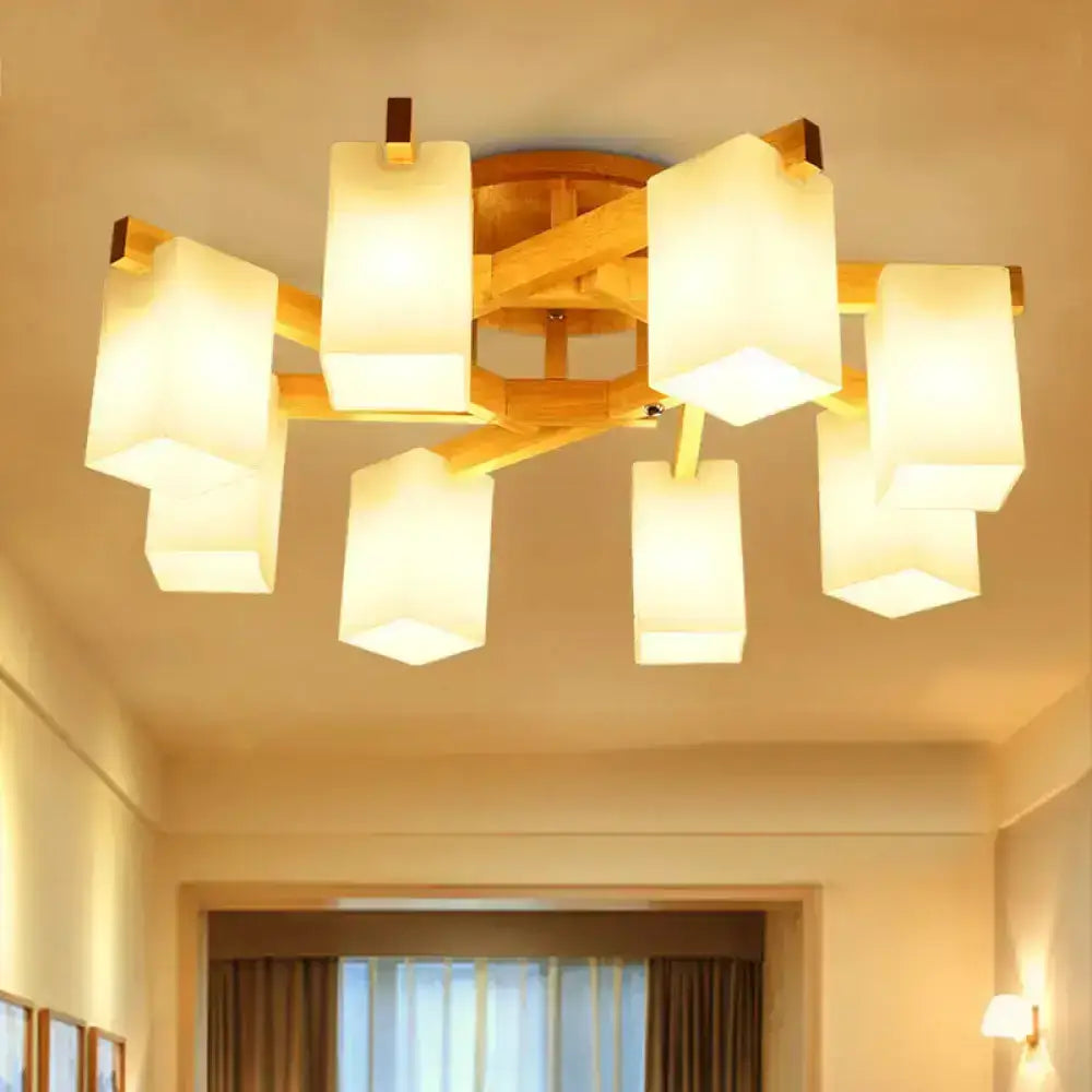 Modern wooden ceiling lamp with six warm-white cuboid cream glass shades for living room lighting