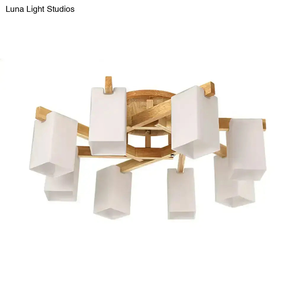 Modern ceiling lamp with light wood frame and cuboid cream glass shades for stylish living room lighting