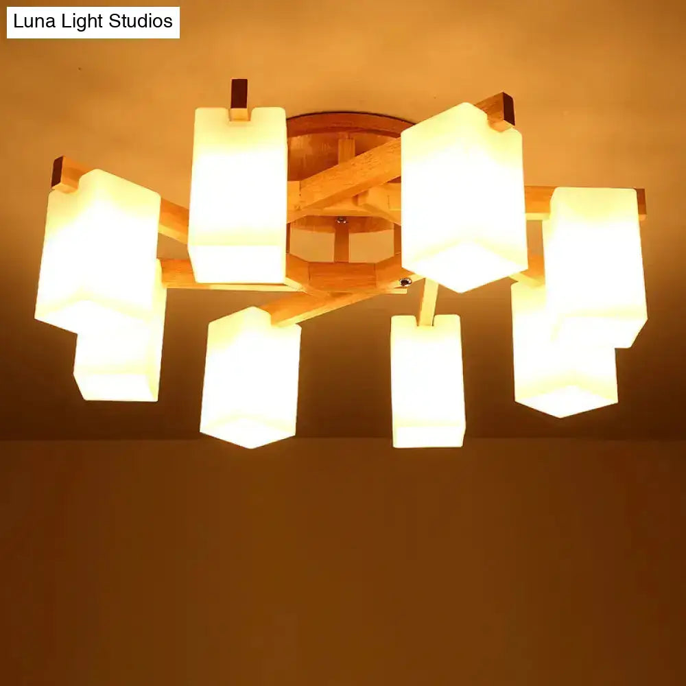 Nordic wood ceiling lamp with warm-toned cuboid cream glass shades for elegant living room lighting