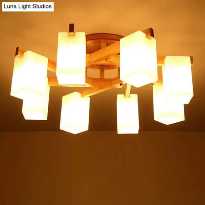 Nordic wood ceiling lamp with warm-toned cuboid cream glass shades for elegant living room lighting