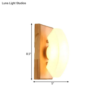 Nordic wall light with warm-toned wood and frosted white glass shade suitable for 220v-240v 110v-120v bedroom use