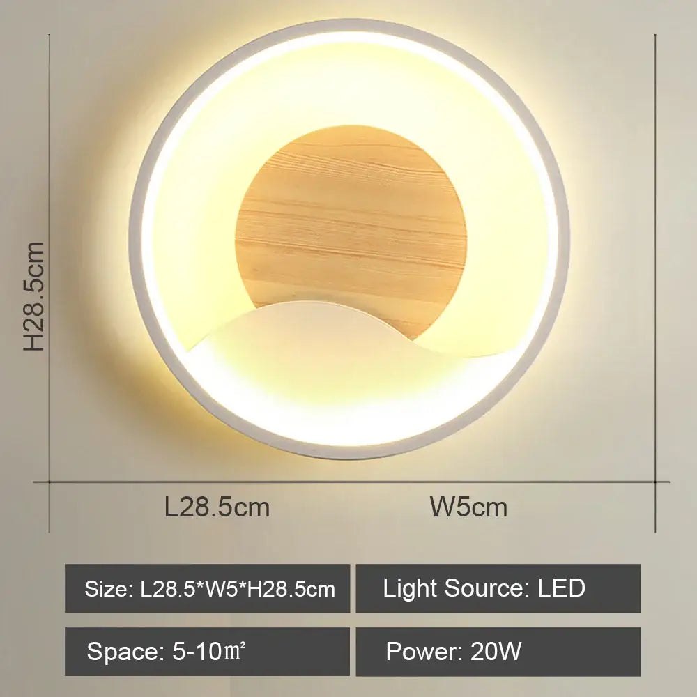 Nordic wood and led wall light featuring a circular white ring, warm ambient lighting, and central wooden panel decorbites led wall