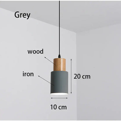 Nordic wood and metal single pendant light with cylindrical grey iron body and solid wood top for kitchen or dining room