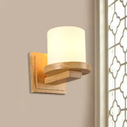 Warm-toned nordic wood wall lamp with opal matte glass frosted cylindrical shade for 110v-120v 220v-240v use