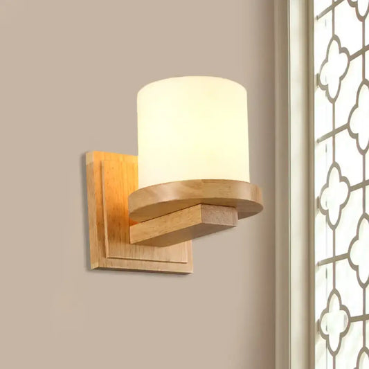 Warm-toned nordic wood wall lamp with opal matte glass frosted cylindrical shade for 110v-120v 220v-240v use