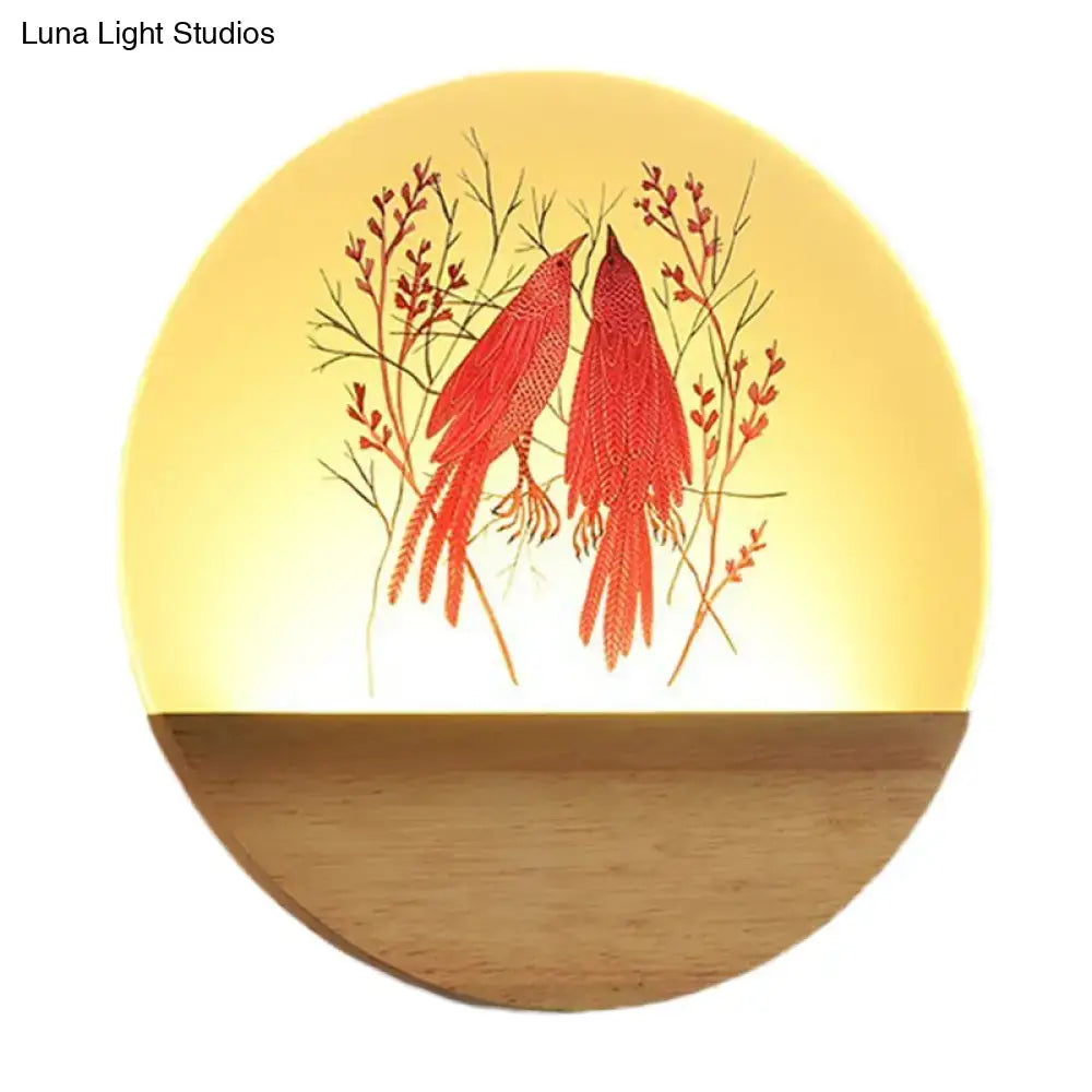 Nordic wood bird acrylic wall lamp with warm yellow glow and red birds design, ideal bedroom led fixture type