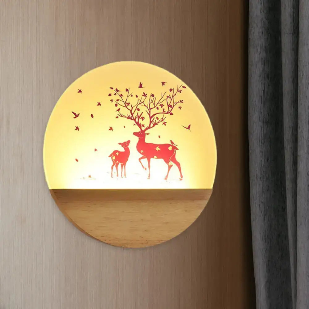 Nordic wood bird acrylic wall lamp with warm yellow glow featuring red deer and tree silhouettes as wall-mounted fixture type