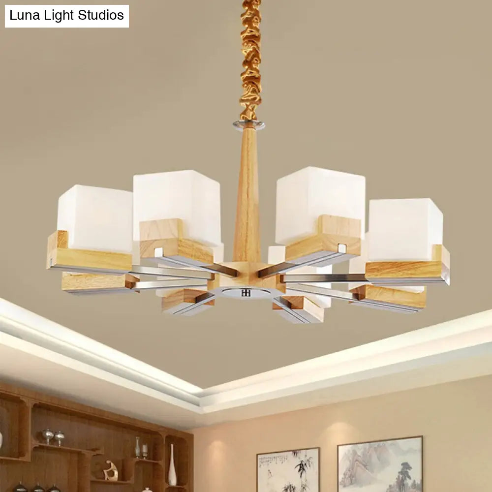 Nordic Wood Glass Cube Ceiling Lamp with Multiple Heads - Perfect for Living Room Lighting
