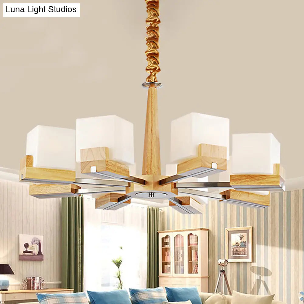 Nordic Wood Glass Cube Ceiling Lamp with Multiple Heads - Perfect for Living Room Lighting