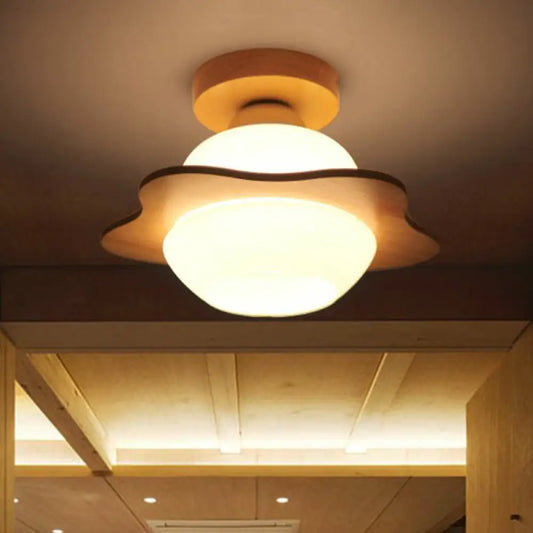DecorBites™ DecorBites™ Nordic Wood Semi Flush Mount Ceiling Fixture: Cream Glass Flower Corridor Lighting with 1-Light