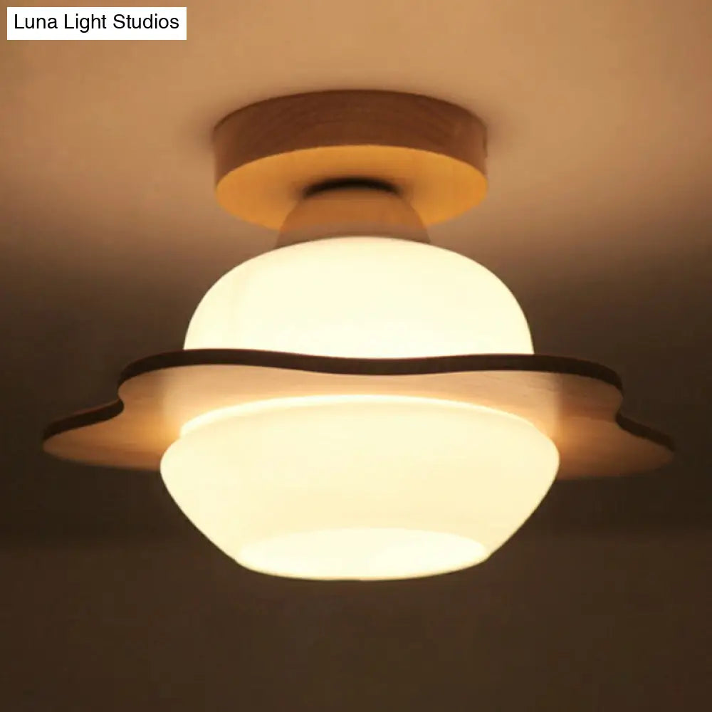 DecorBites™ DecorBites™ Nordic Wood Semi Flush Mount Ceiling Fixture: Cream Glass Flower Corridor Lighting with 1-Light