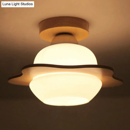 DecorBites™ DecorBites™ Nordic Wood Semi Flush Mount Ceiling Fixture: Cream Glass Flower Corridor Lighting with 1-Light
