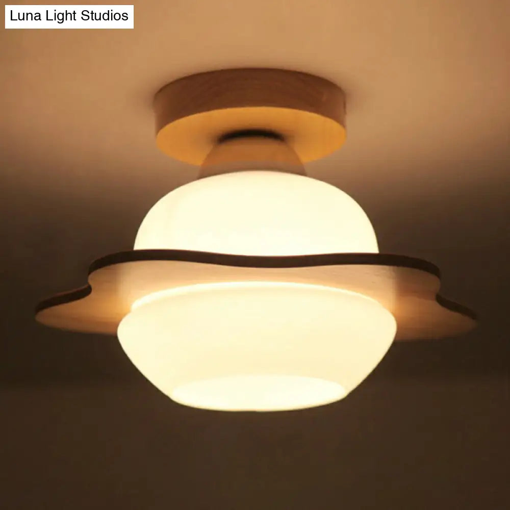 DecorBites™ DecorBites™ Nordic Wood Semi Flush Mount Ceiling Fixture: Cream Glass Flower Corridor Lighting with 1-Light
