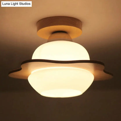 DecorBites™ DecorBites™ Nordic Wood Semi Flush Mount Ceiling Fixture: Cream Glass Flower Corridor Lighting with 1-Light