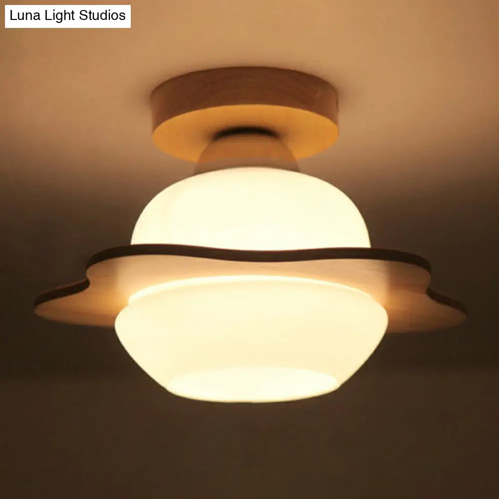 DecorBites™ DecorBites™ Nordic Wood Semi Flush Mount Ceiling Fixture: Cream Glass Flower Corridor Lighting with 1-Light